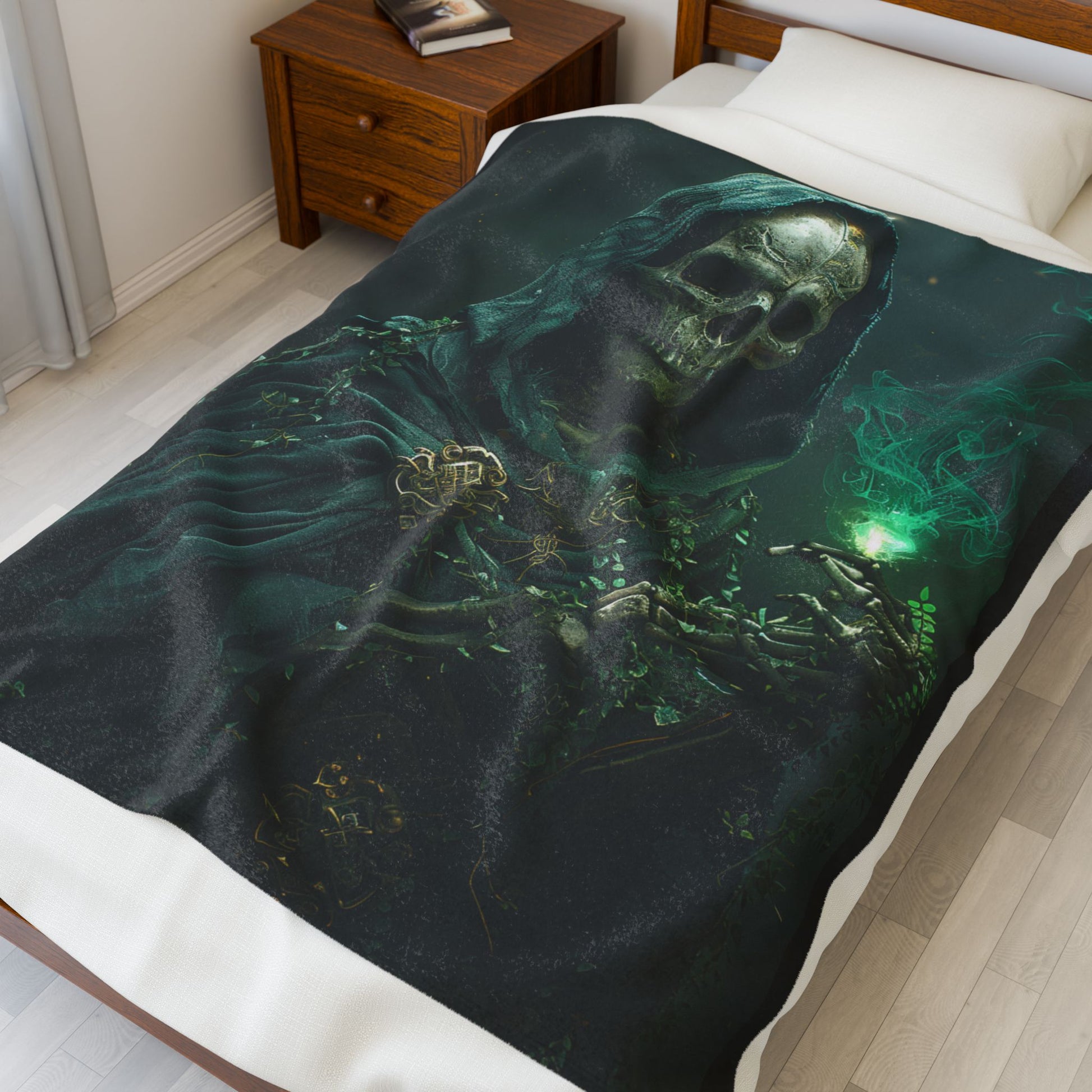 Skeleton- Mystical Skull Velveteen Plush Blanket, Cozy Warm Throw for Halloween, Goth Decor, Gift for Horror Lovers, Home Accent Rhythm & Drip All Over Prints Rhythm & Drip Apparel