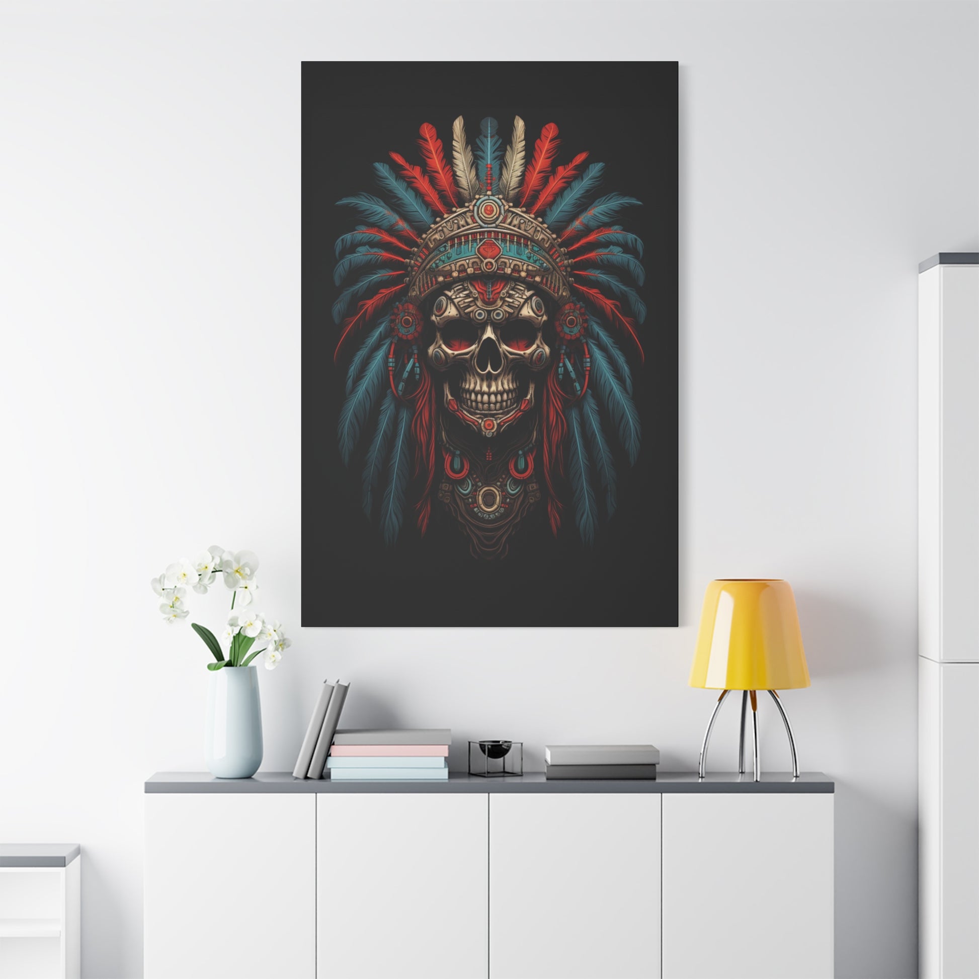 Skull- Bohemian Skull Warrior Canvas Art Print, Stretched Artwork for Home Decor, Tribal Wall Art, Unique Gift, Boho Aesthetic Rhythm & Drip Canvas Rhythm & Drip Apparel