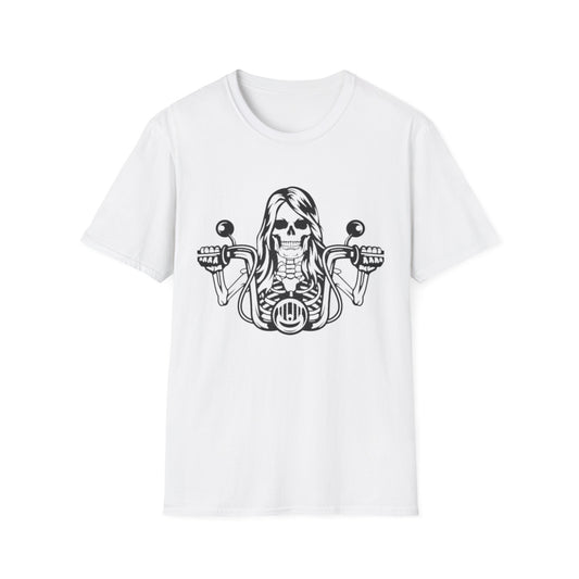 Woman Skeleton Biker T-Shirt White Printify T-Shirt Rhythm & Drip Apparel