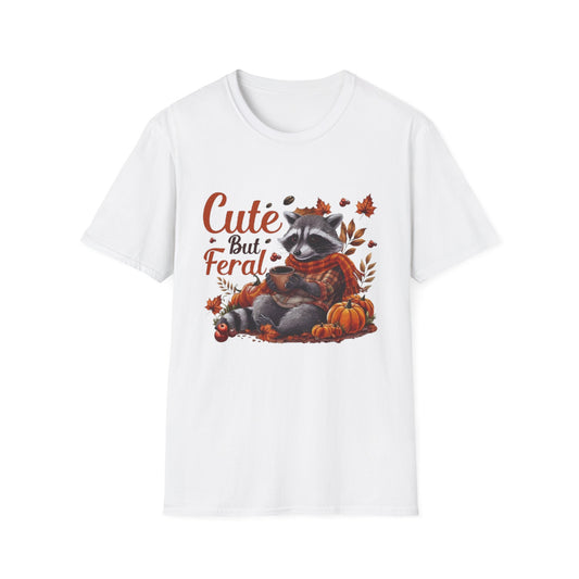 Fall- Cute But Feral Raccoon T-Shirt White Printify T-Shirt Rhythm & Drip Apparel