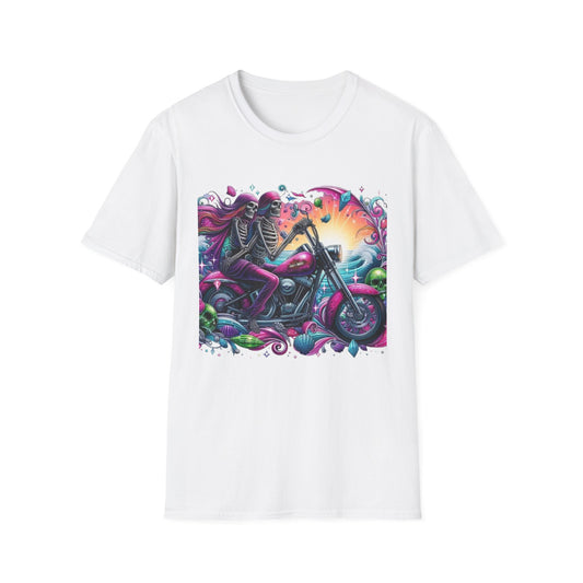 Woman & Man Skeleton Biker T-Shirt White Printify T-Shirt Rhythm & Drip Apparel