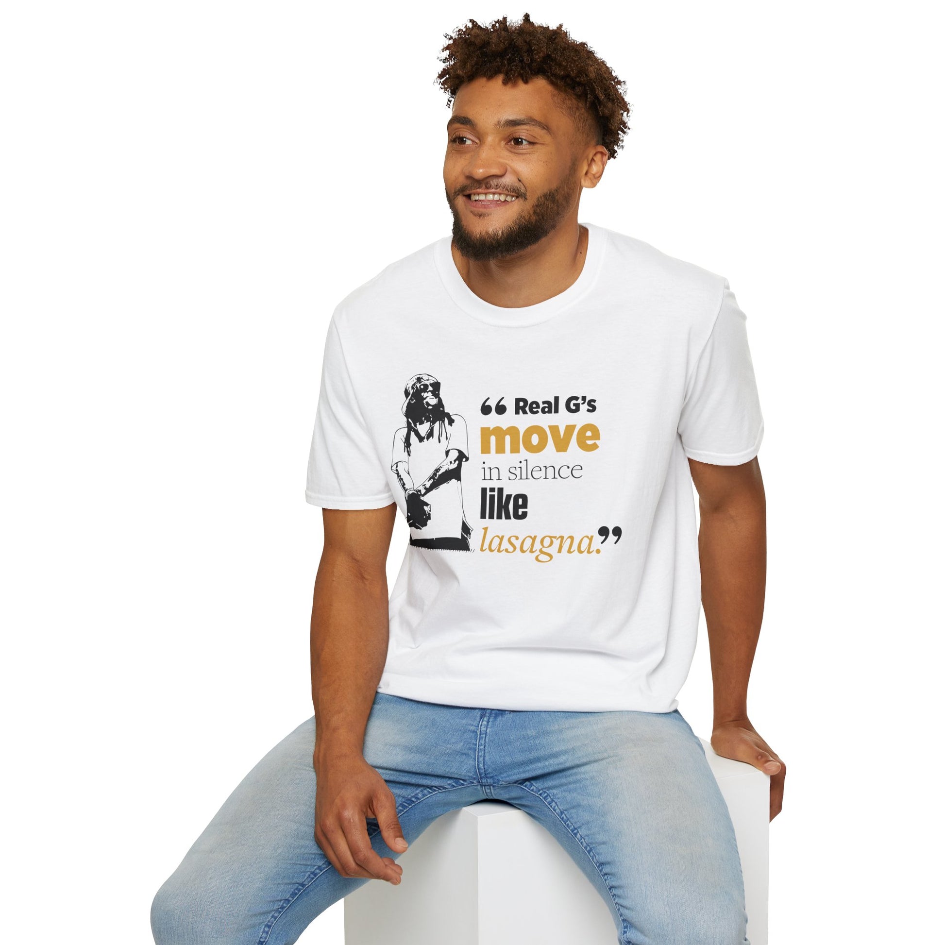 LilnWaynee Unisex Softstyle T-Shirt - 'Real G's Move in Silence Like Lasagna' Quote Tee - Rhythm & Drip