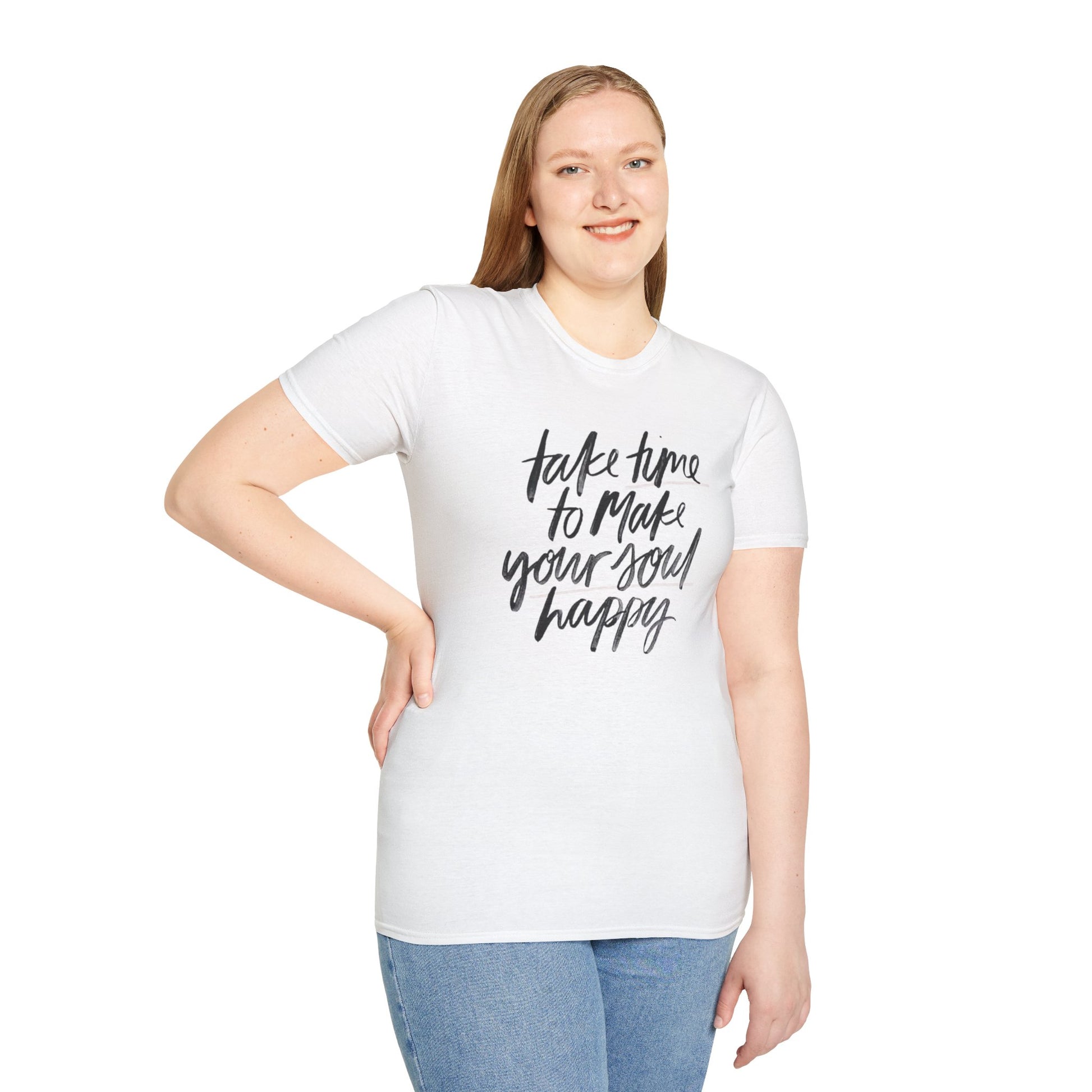 Inspirational Unisex Softstyle T-Shirt - 'Take Time to Make Your Soul Happy' - Rhythm & Drip
