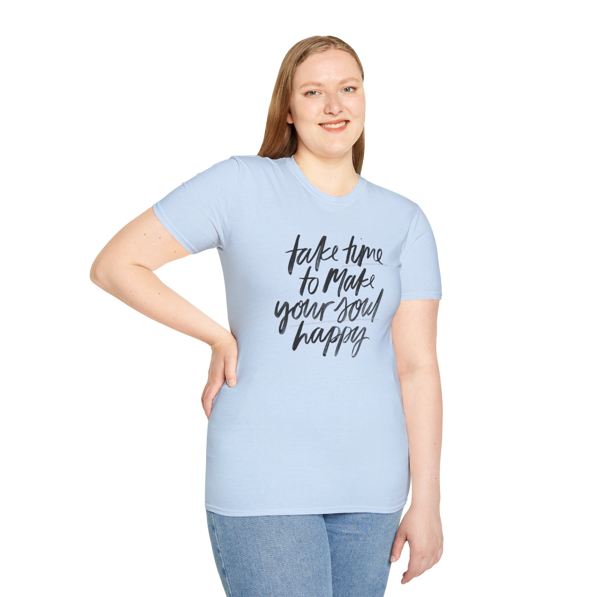 Inspirational Unisex Softstyle T-Shirt - 'Take Time to Make Your Soul Happy' - Rhythm & Drip
