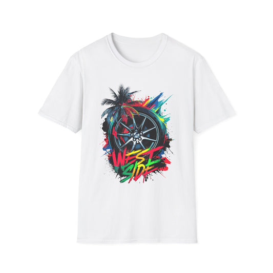 West Side Vibe Unisex Softstyle T-Shirt - Colorful Wheel & Palm Design White Printify T-Shirt Rhythm & Drip Apparel