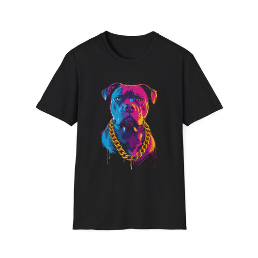 Colorful Chain-Wearing Dog T-Shirt Black Printify T-Shirt Rhythm & Drip Apparel