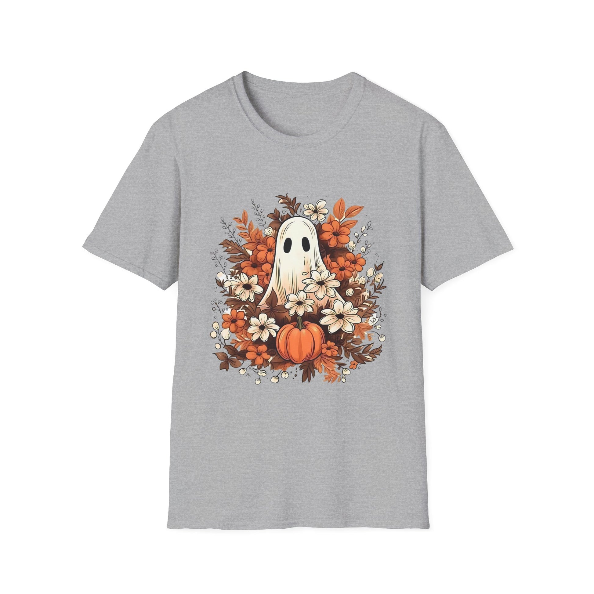 Autumn Ghost Unisex T-Shirt, Fall Apparel, Halloween Tee, Cute Pumpkin Shirt, Cozy Fall Fashion, Gift Idea for Halloween Lovers Sport Grey Printify T-Shirt Rhythm & Drip Apparel