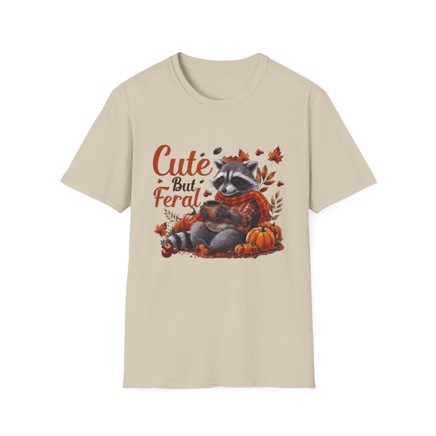 Fall- Cute But Feral Raccoon T-Shirt Sand Printify T-Shirt Rhythm & Drip Apparel