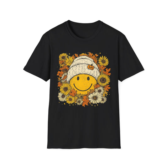 Happy Fall Smile T-Shirt, Unisex Softstyle Tee, Fall Fashion, Cute Graphic Shirt, Perfect for Autumn, Gifts for Her Black Printify T-Shirt Rhythm & Drip Apparel
