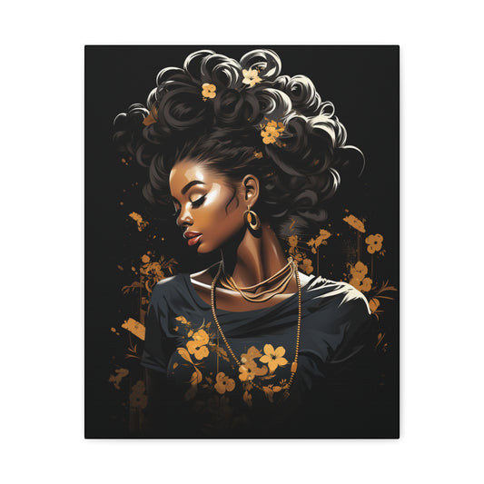 Woman- Bold Afro Woman Canvas Art, Black Art Print, Floral Wall Decor, Modern Home Decor, African American Artwork 16" x 20" (Vertical) 1.25" Rhythm & Drip Canvas Rhythm & Drip Apparel