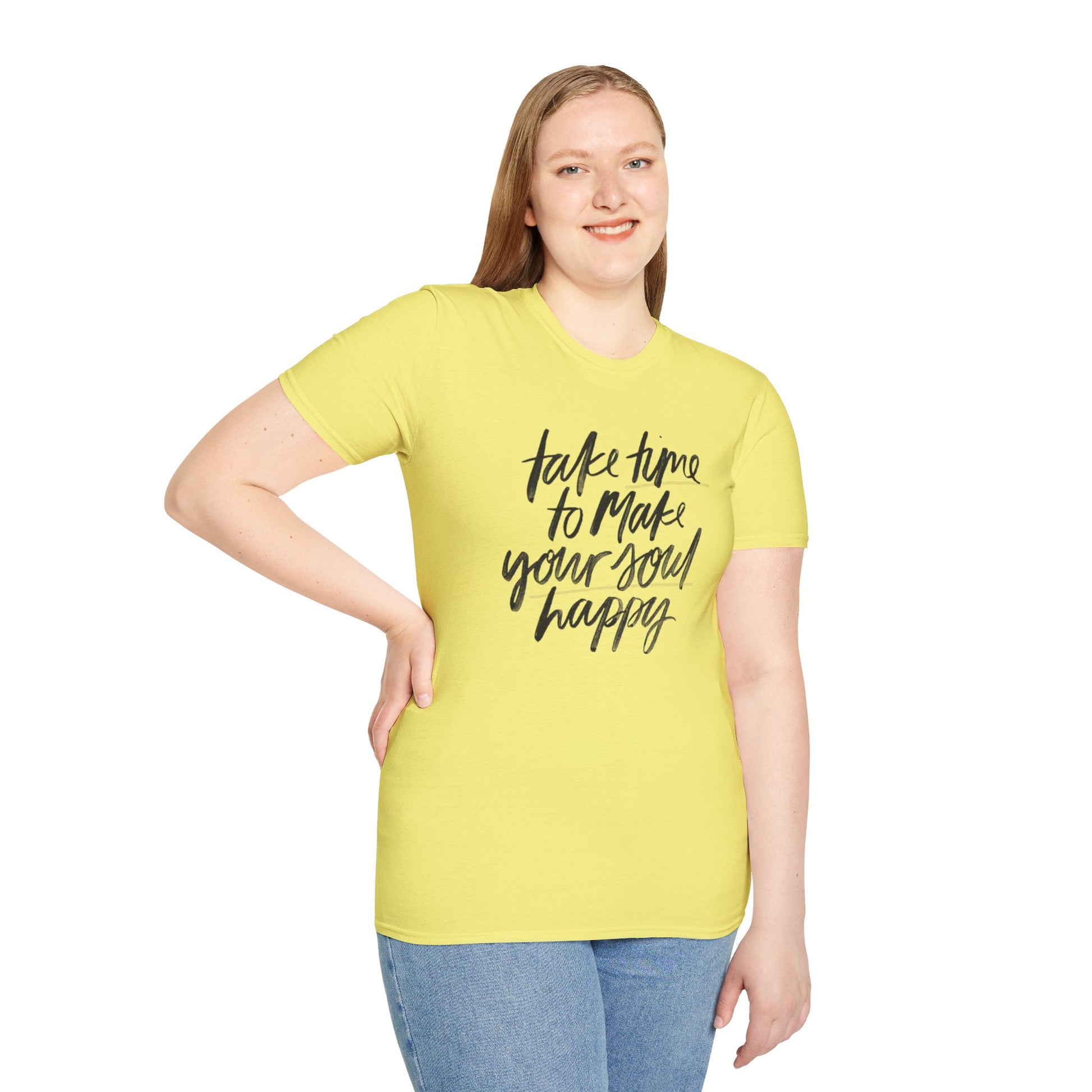 Inspirational Unisex Softstyle T-Shirt - 'Take Time to Make Your Soul Happy' - Rhythm & Drip