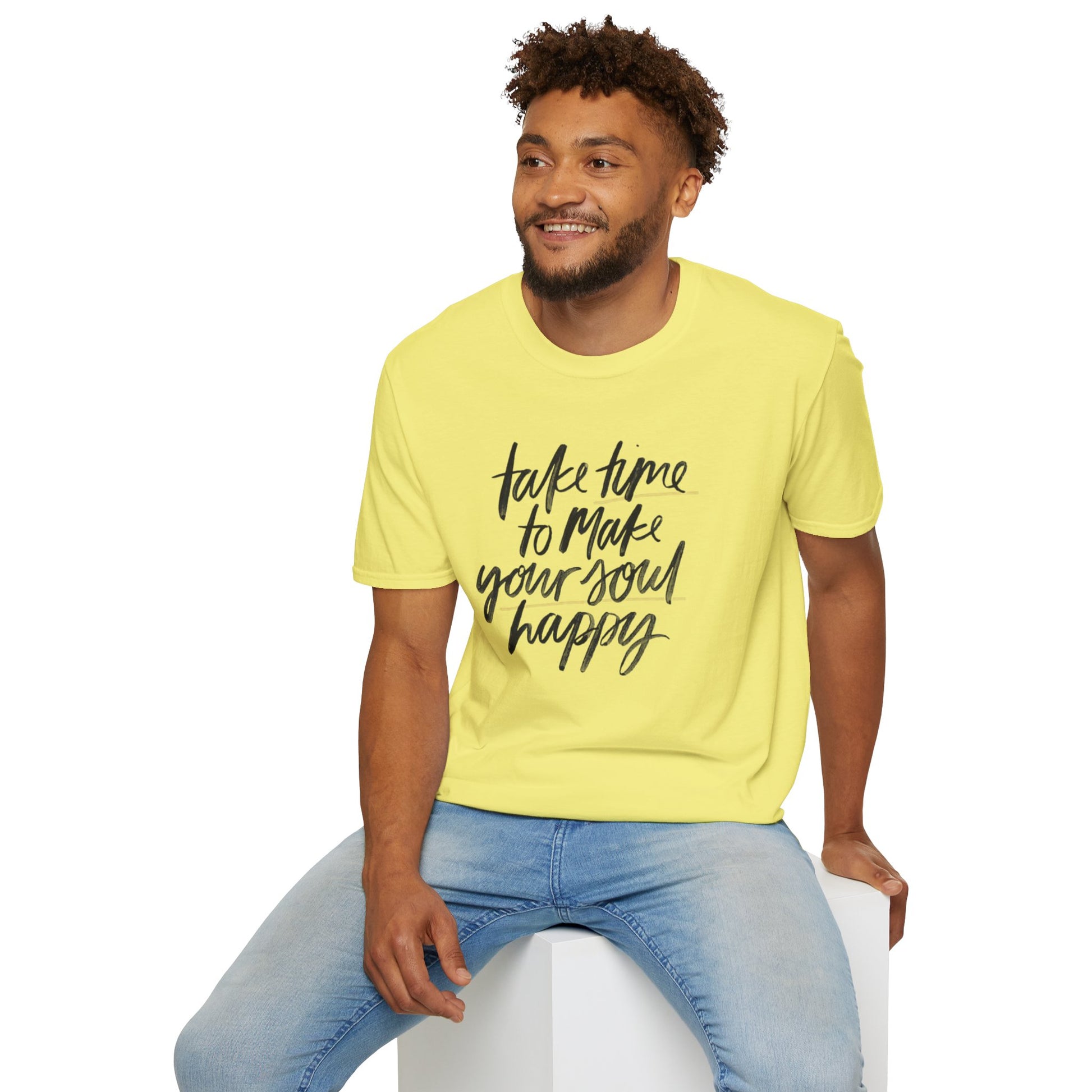 Inspirational Unisex Softstyle T-Shirt - 'Take Time to Make Your Soul Happy' - Rhythm & Drip