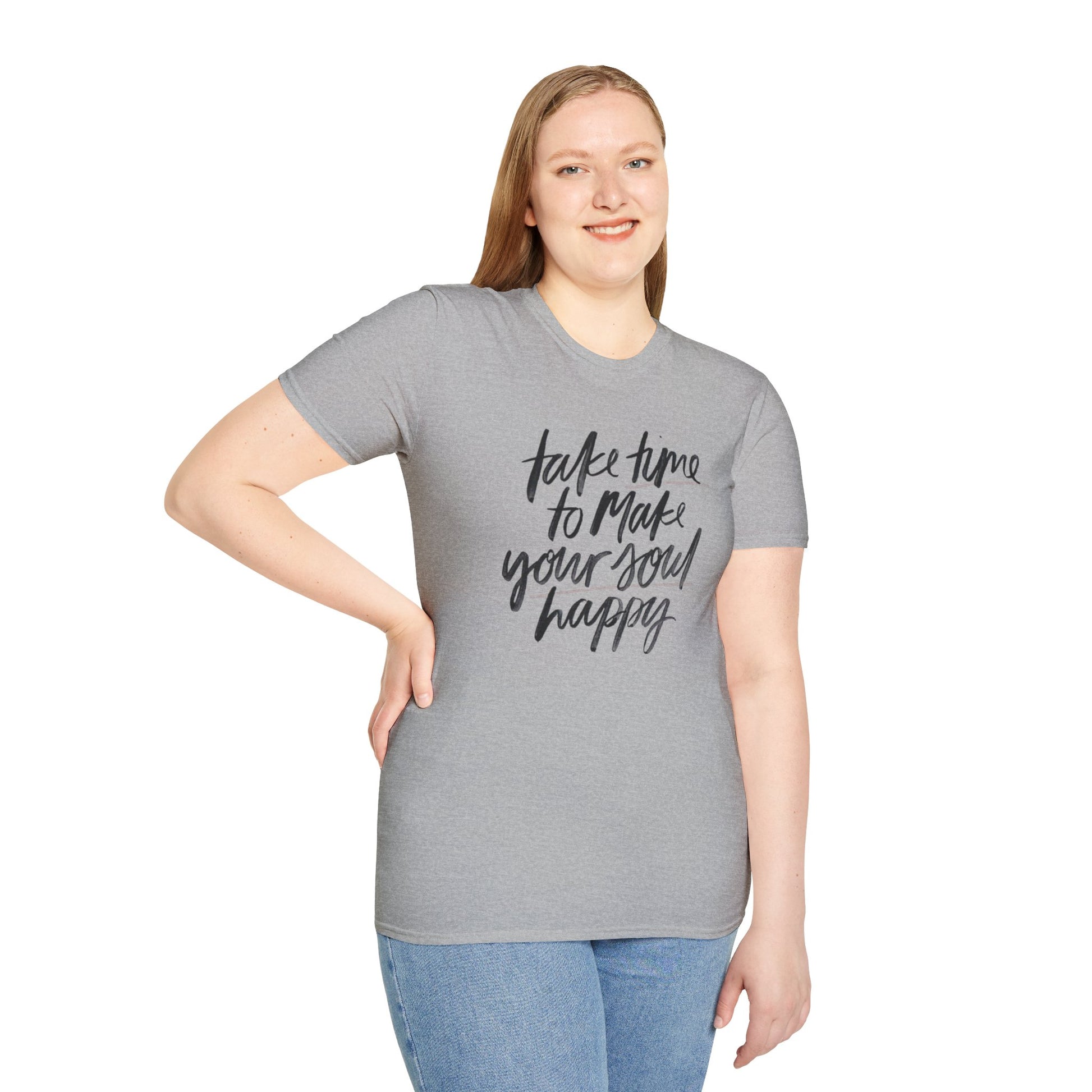 Inspirational Unisex Softstyle T-Shirt - 'Take Time to Make Your Soul Happy' - Rhythm & Drip