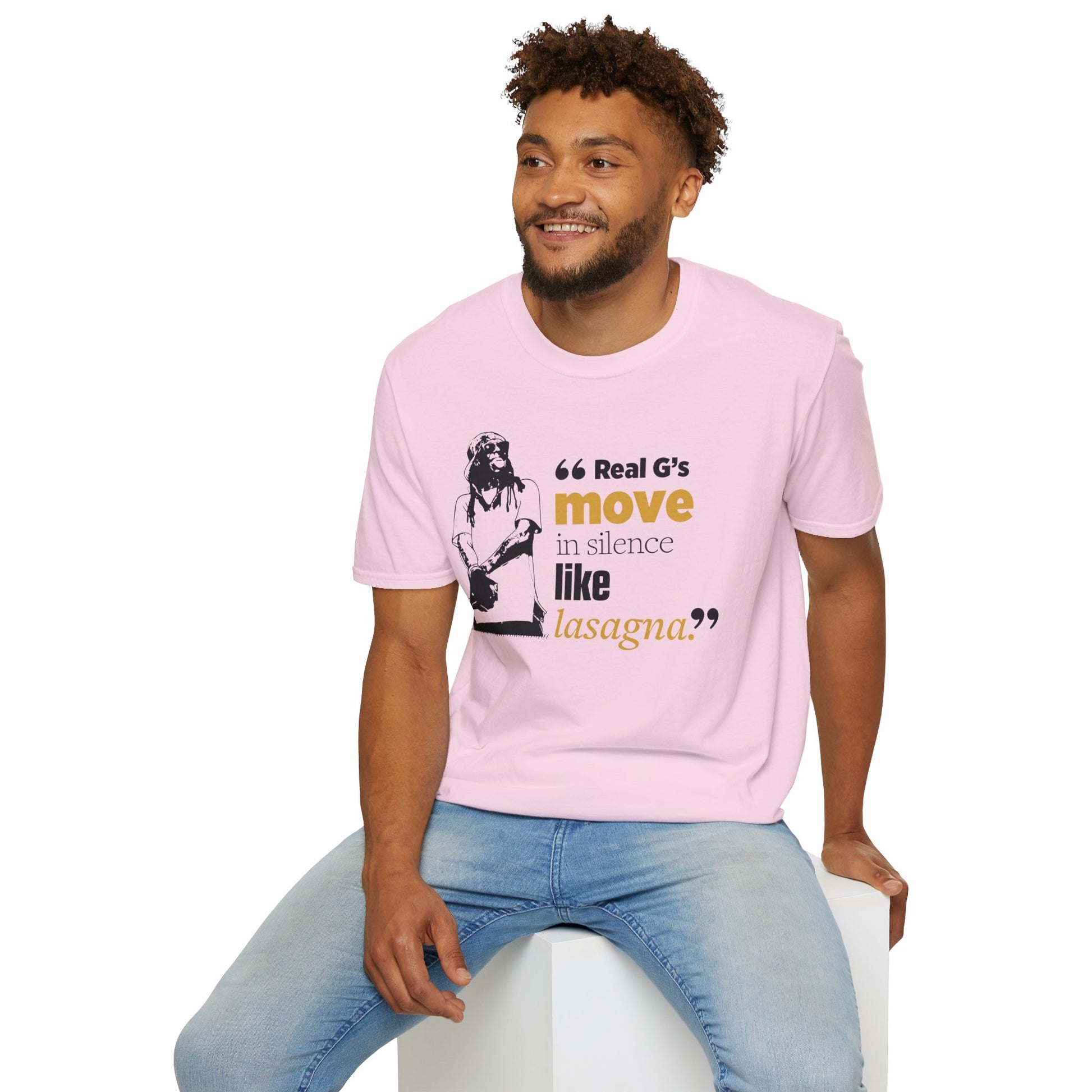 LilnWaynee Unisex Softstyle T-Shirt - 'Real G's Move in Silence Like Lasagna' Quote Tee - Rhythm & Drip