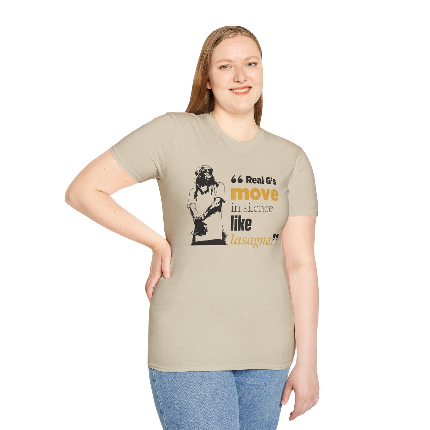 LilnWaynee Unisex Softstyle T-Shirt - 'Real G's Move in Silence Like Lasagna' Quote Tee - Rhythm & Drip
