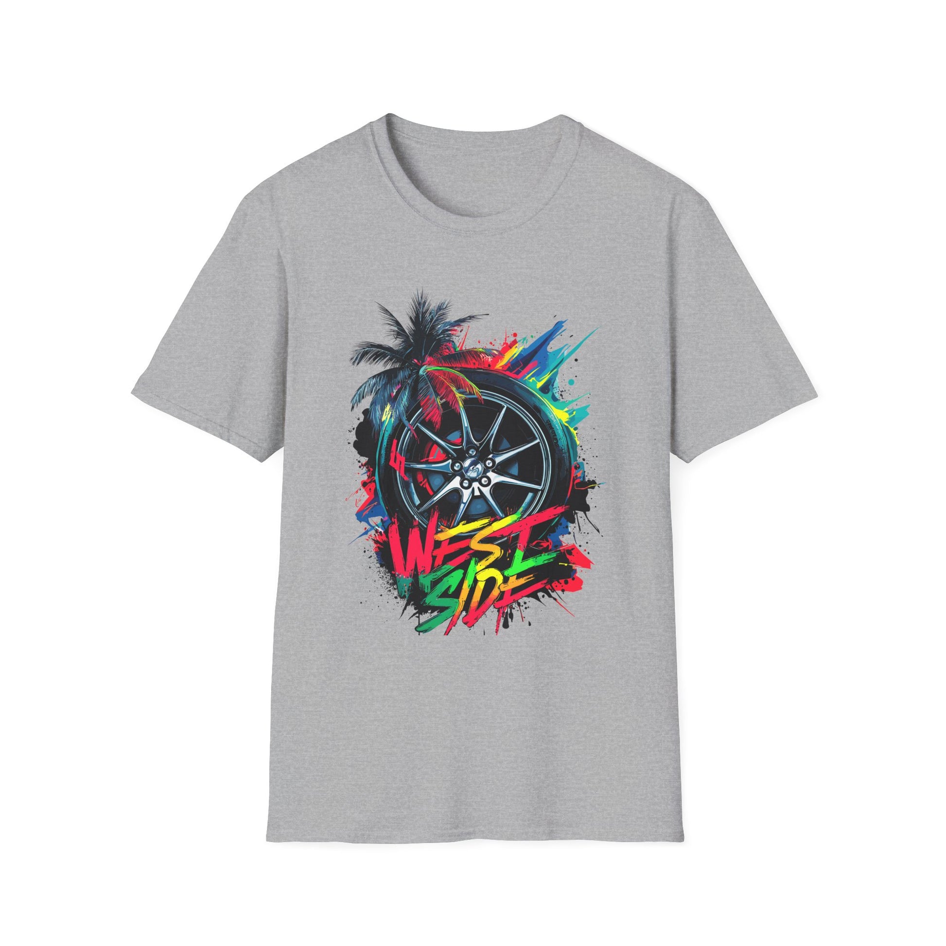 West Side Vibe Unisex Softstyle T-Shirt - Colorful Wheel & Palm Design Sport Grey Printify T-Shirt Rhythm & Drip Apparel
