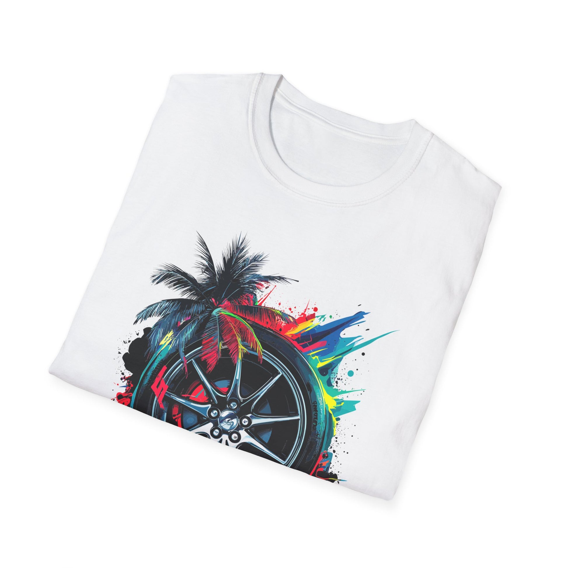 West Side Vibe Unisex Softstyle T-Shirt - Colorful Wheel & Palm Design Printify T-Shirt Rhythm & Drip Apparel