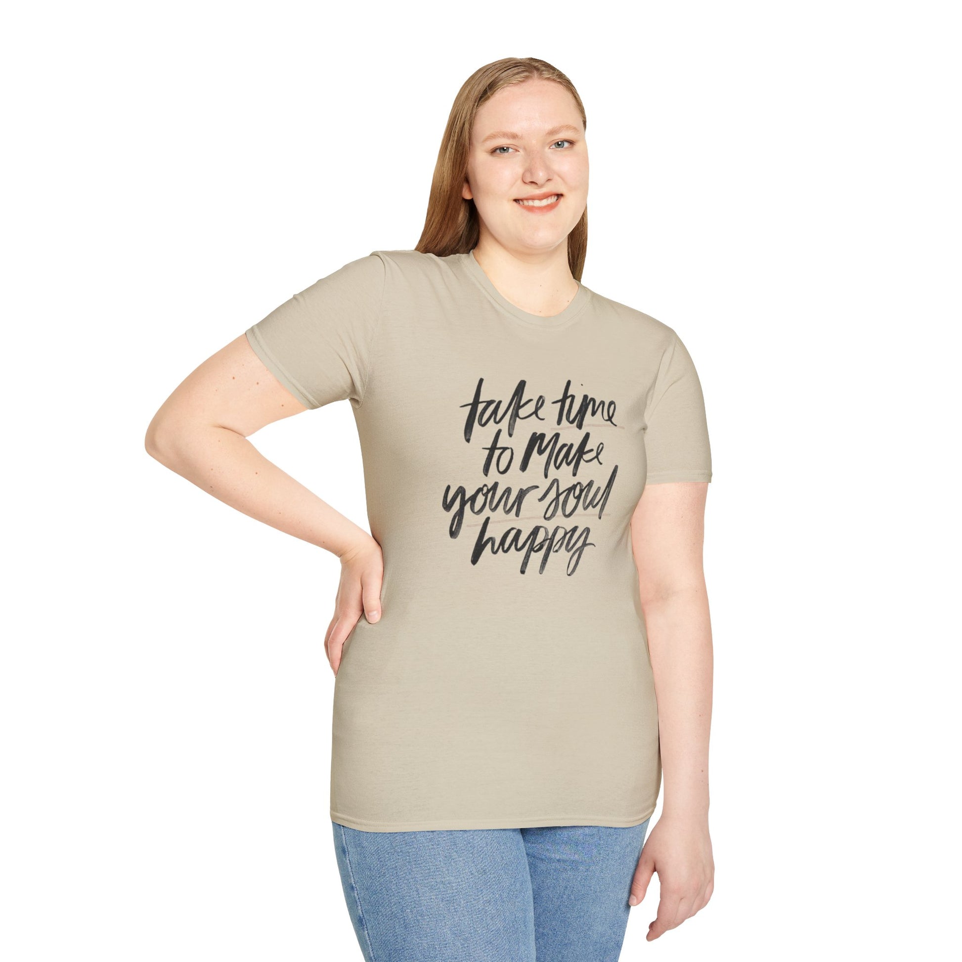 Inspirational Unisex Softstyle T-Shirt - 'Take Time to Make Your Soul Happy' - Rhythm & Drip