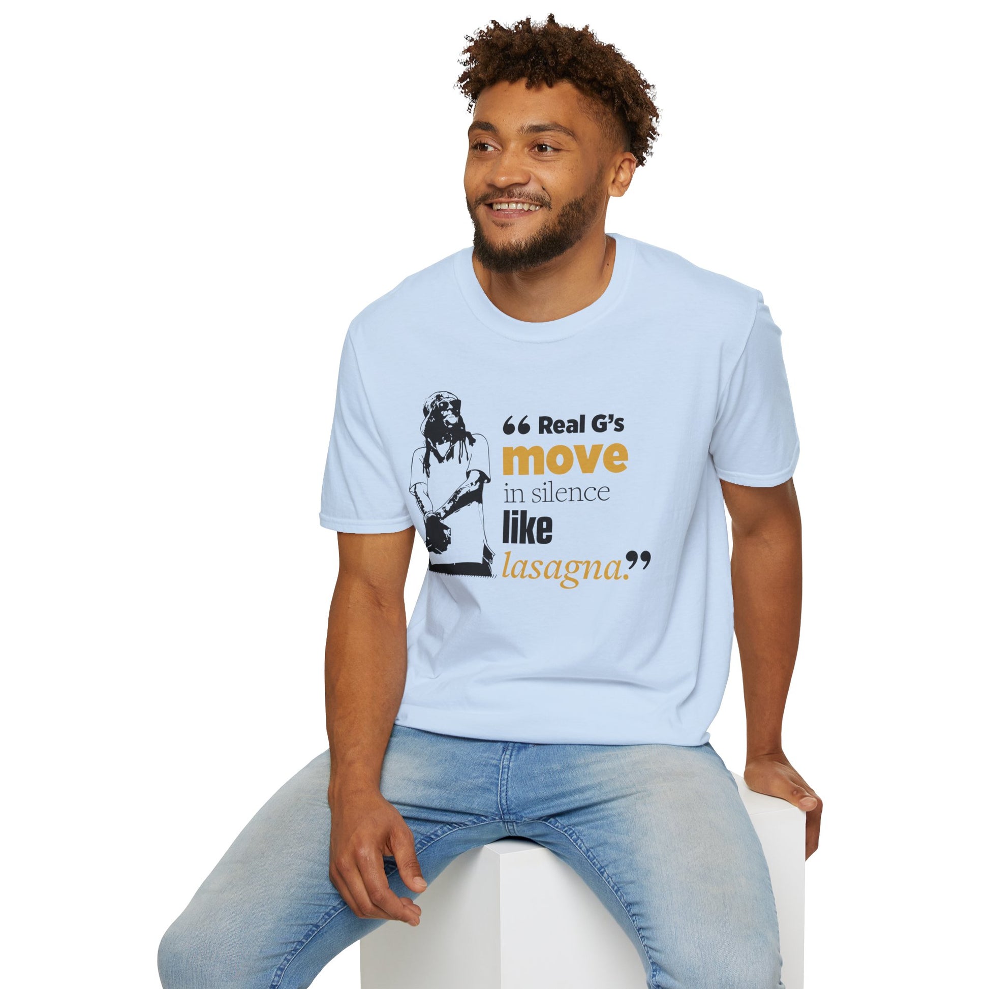 LilnWaynee Unisex Softstyle T-Shirt - 'Real G's Move in Silence Like Lasagna' Quote Tee - Rhythm & Drip