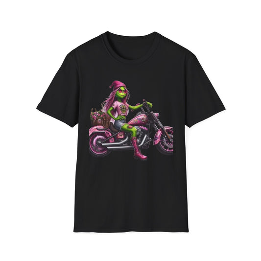 Woman Grinch Biker T-Shirt Black Printify T-Shirt Rhythm & Drip Apparel
