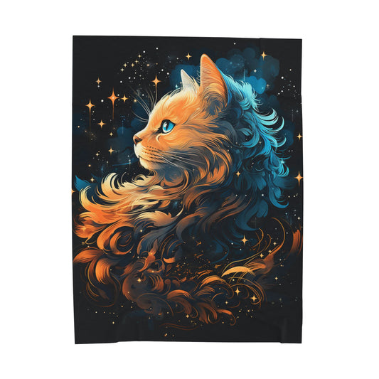Cat- Cosmic Cat Velveteen Plush Blanket | Cozy Throw for Cat Lovers, Home Decor, Gift for Pet Owners, Starry Night Blanket, Astral Cat Design 60" × 80" Rhythm & Drip All Over Prints Rhythm & Drip Apparel
