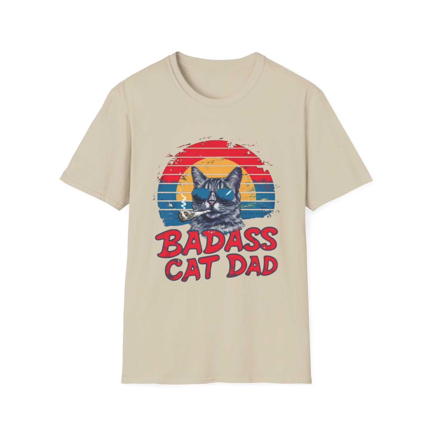 Badass Cat Dad T-Shirt Sand Printify T-Shirt Rhythm & Drip Apparel