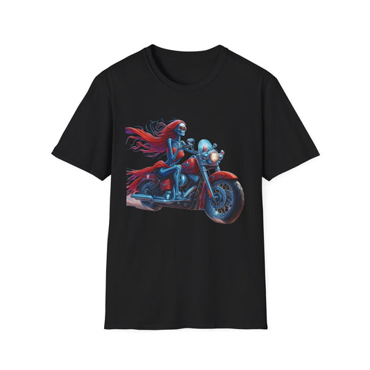 Woman Skeleton Biker T-Shirt Black Printify T-Shirt Rhythm & Drip Apparel