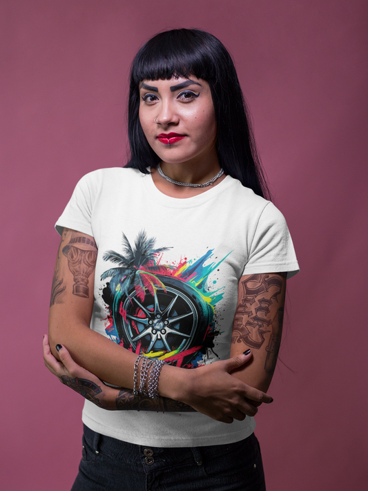 West Side Vibe Unisex Softstyle T-Shirt - Colorful Wheel & Palm Design Printify T-Shirt Rhythm & Drip Apparel