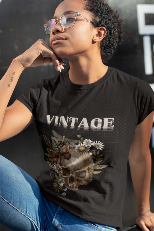 Vintage Skull Floral T-Shirt Printify T-Shirt Rhythm & Drip Apparel