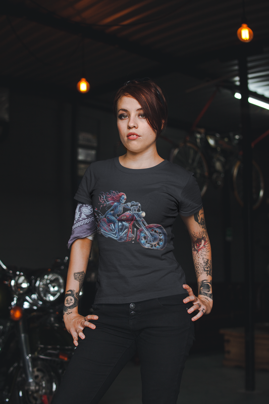 Woman Skeleton Biker T-Shirt Printify T-Shirt Rhythm & Drip Apparel