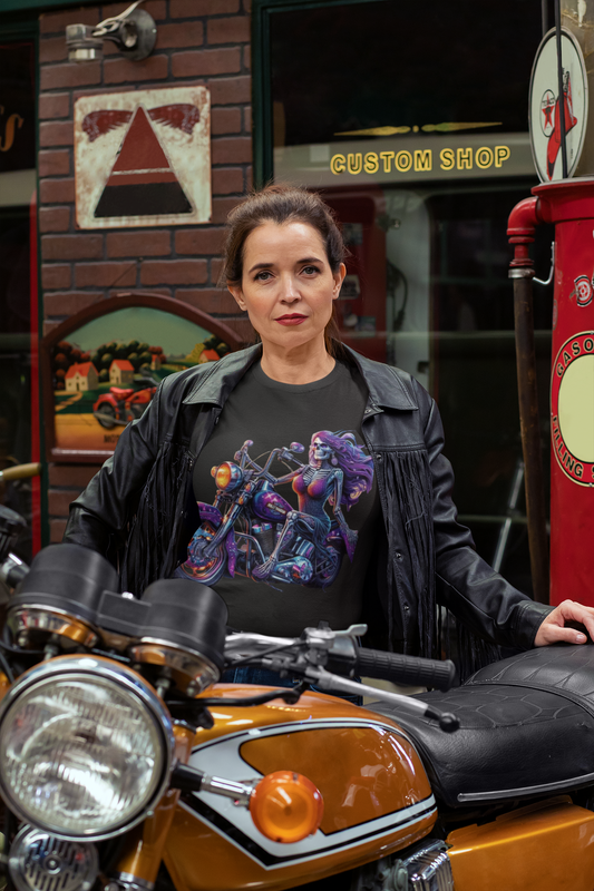 Woman Skeleton Biker T-Shirt Printify T-Shirt Rhythm & Drip Apparel