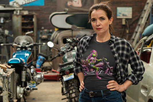 Woman Grinch Biker T-Shirt Printify T-Shirt Rhythm & Drip Apparel