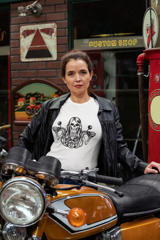 Woman Skeleton Biker T-Shirt Printify T-Shirt Rhythm & Drip Apparel