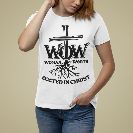 Woman of Worth, Rooted in Christ Printify T-Shirt Rhythm & Drip Apparel