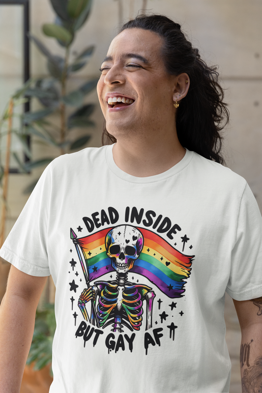 Dead Inside But Gay AF Skeleton T-Shirt Printify T-Shirt Rhythm & Drip Apparel