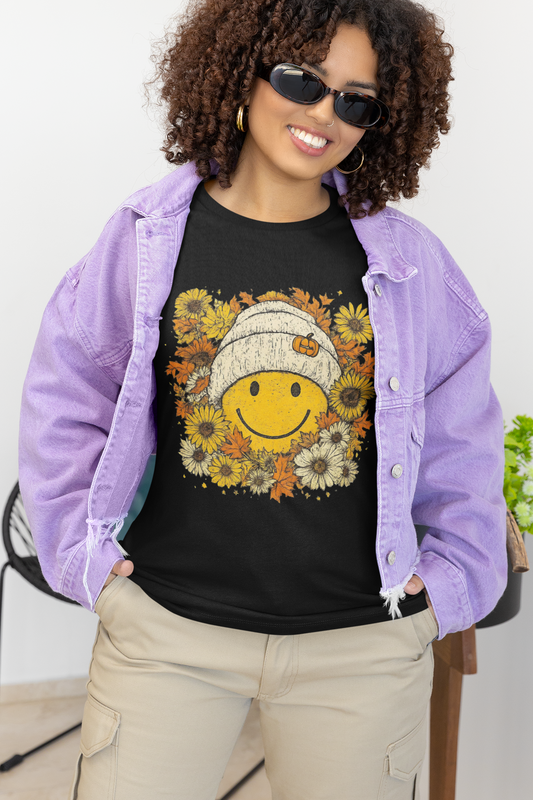 Happy Fall Smile T-Shirt, Unisex Softstyle Tee, Fall Fashion, Cute Graphic Shirt, Perfect for Autumn, Gifts for Her Printify T-Shirt Rhythm & Drip Apparel