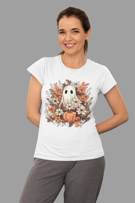 Autumn Ghost Unisex T-Shirt, Fall Apparel, Halloween Tee, Cute Pumpkin Shirt, Cozy Fall Fashion, Gift Idea for Halloween Lovers