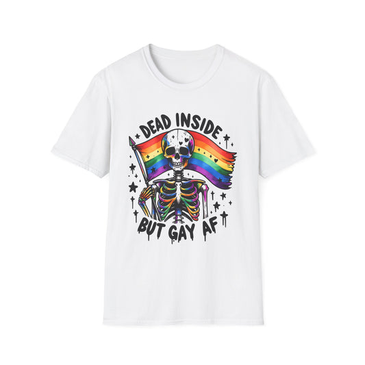 Dead Inside But Gay AF Skeleton T-Shirt White Printify T-Shirt Rhythm & Drip Apparel
