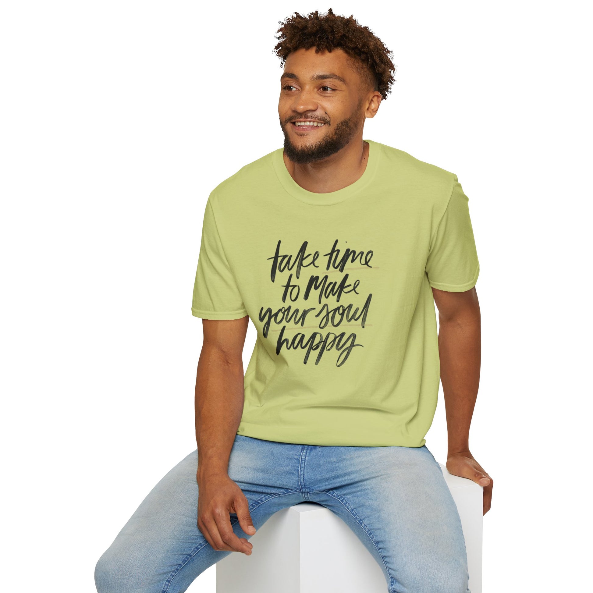 Inspirational Unisex Softstyle T-Shirt - 'Take Time to Make Your Soul Happy' - Rhythm & Drip