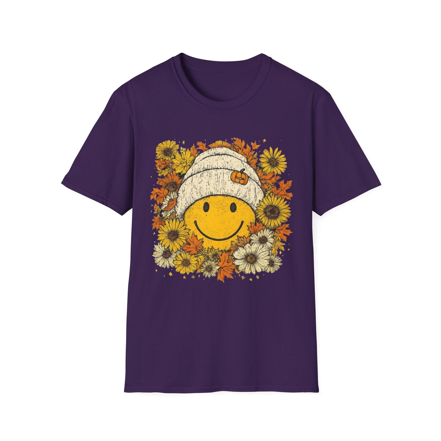 Happy Fall Smile T-Shirt, Unisex Softstyle Tee, Fall Fashion, Cute Graphic Shirt, Perfect for Autumn, Gifts for Her Purple Printify T-Shirt Rhythm & Drip Apparel