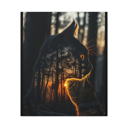 Cat- Silhouette Wall Art - Forest Sunset Canvas Decor, Animal Lover Gift, Home Decoration, Nature Inspired Art, Cat Aesthetic 20" x 24" (Vertical) 1.25" Rhythm & Drip Canvas Rhythm & Drip Apparel
