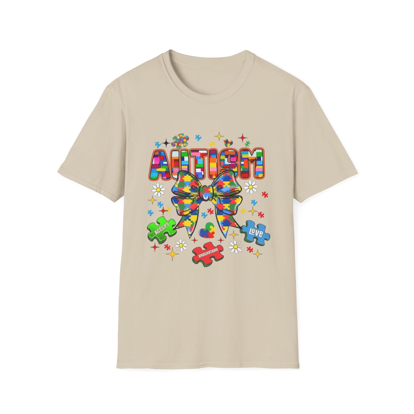 Autism- Autism Awareness Bow T-Shirt Sand Printify T-Shirt Rhythm & Drip Apparel