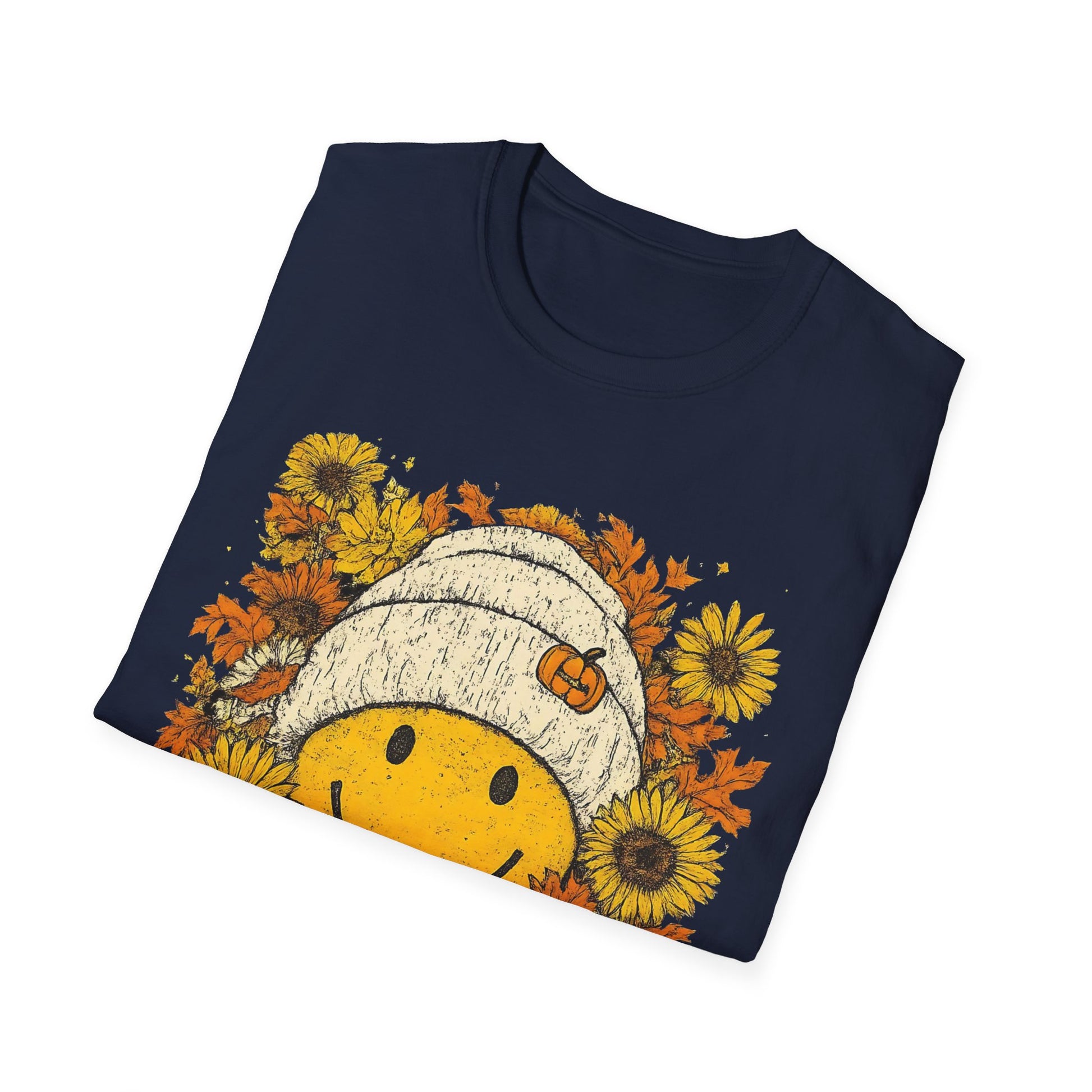 Happy Fall Smile T-Shirt, Unisex Softstyle Tee, Fall Fashion, Cute Graphic Shirt, Perfect for Autumn, Gifts for Her Printify T-Shirt Rhythm & Drip Apparel