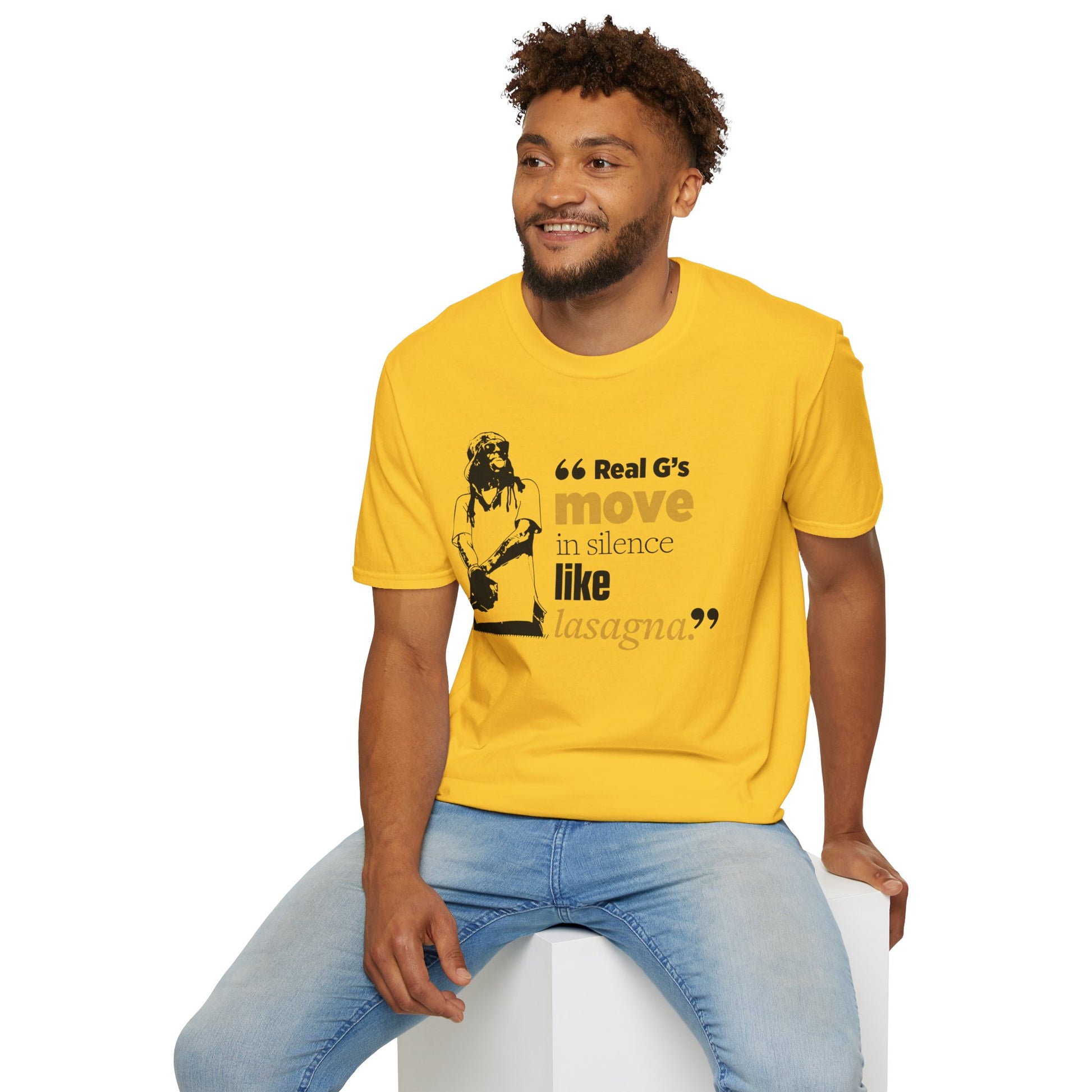 LilnWaynee Unisex Softstyle T-Shirt - 'Real G's Move in Silence Like Lasagna' Quote Tee - Rhythm & Drip