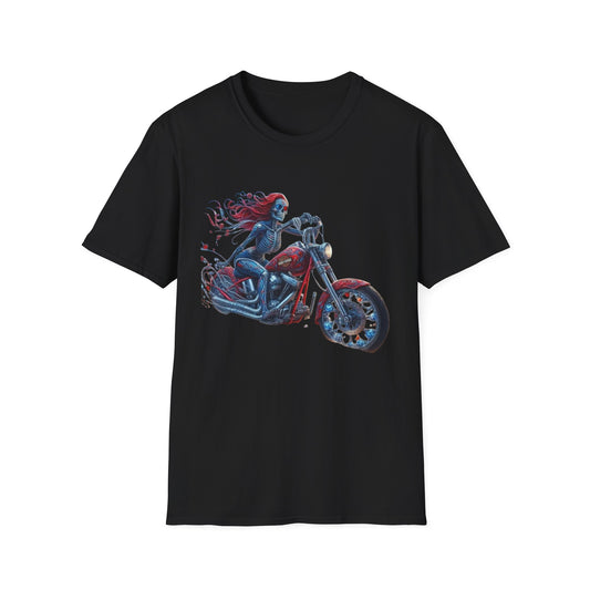 Woman Skeleton Biker T-Shirt Black Printify T-Shirt Rhythm & Drip Apparel