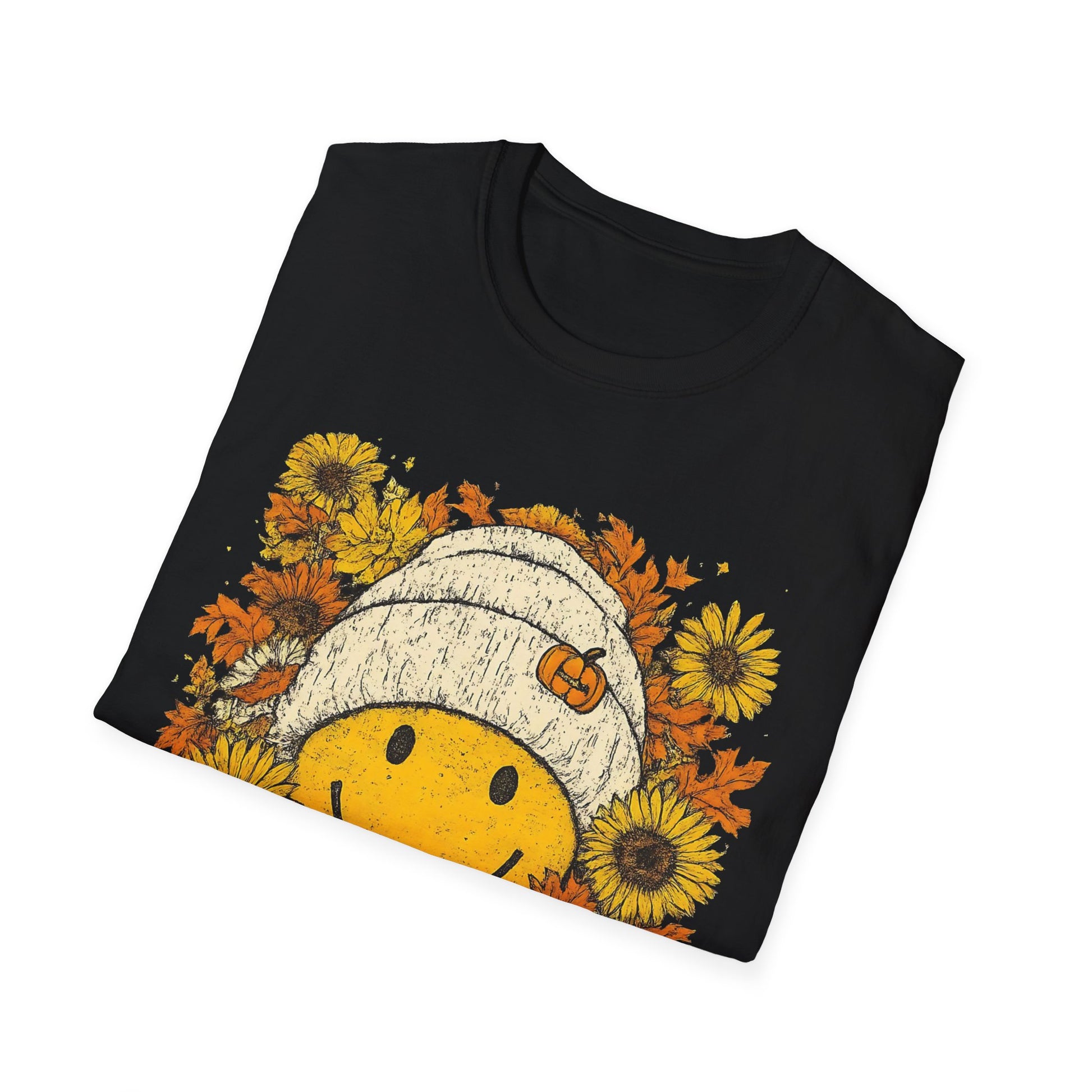 Happy Fall Smile T-Shirt, Unisex Softstyle Tee, Fall Fashion, Cute Graphic Shirt, Perfect for Autumn, Gifts for Her Printify T-Shirt Rhythm & Drip Apparel