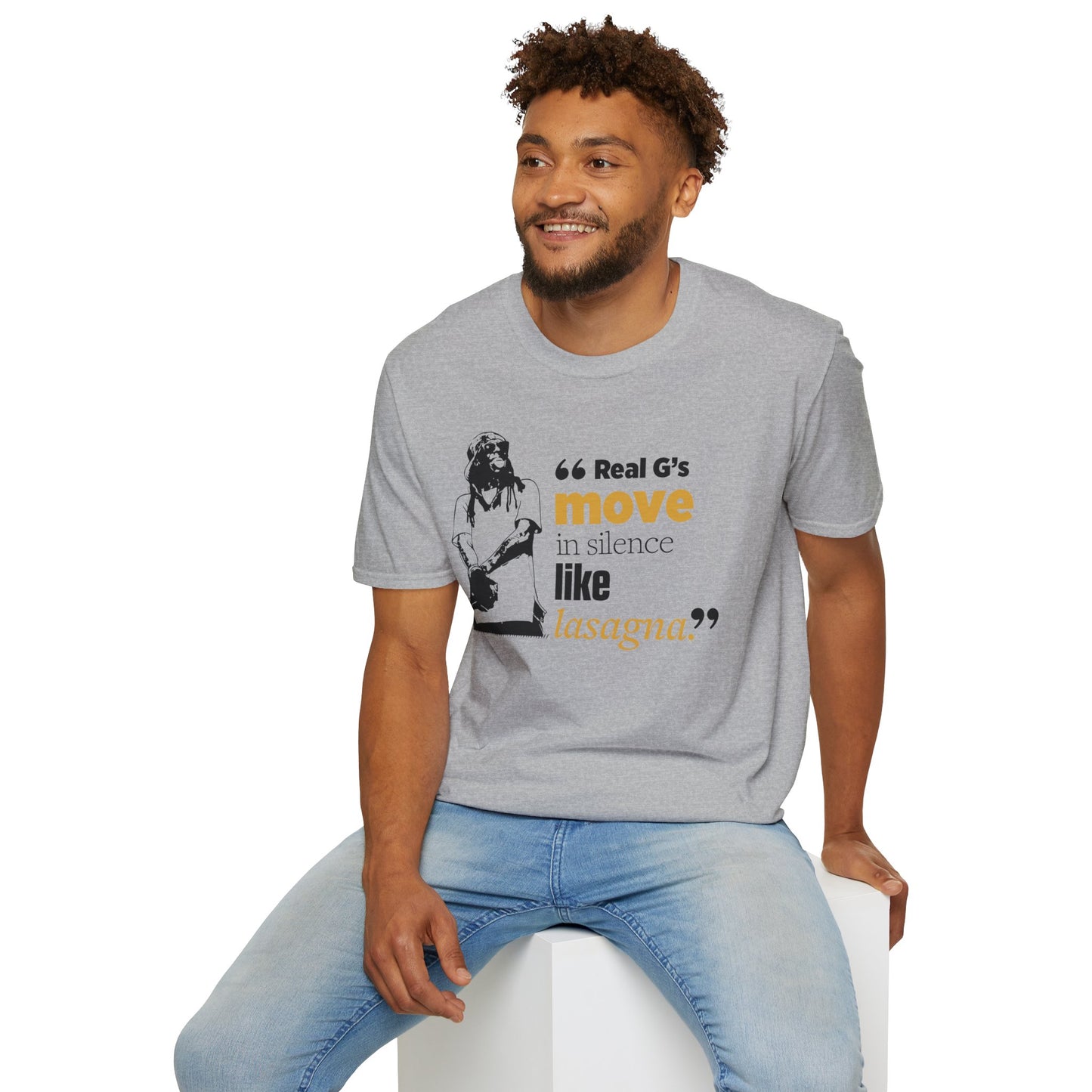 LilnWaynee Unisex Softstyle T-Shirt - 'Real G's Move in Silence Like Lasagna' Quote Tee - Rhythm & Drip