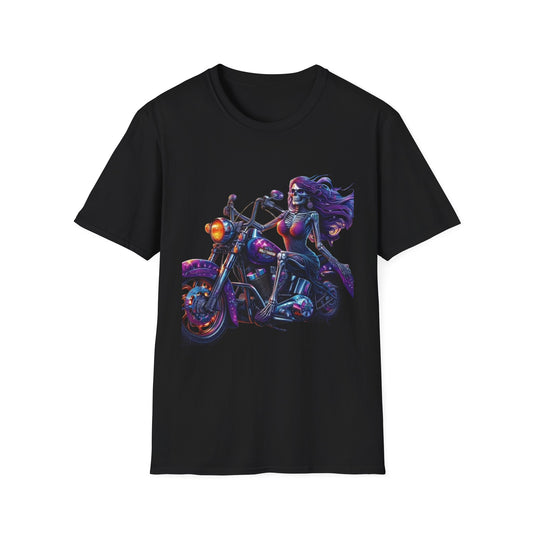 Woman Skeleton Biker T-Shirt Black Printify T-Shirt Rhythm & Drip Apparel