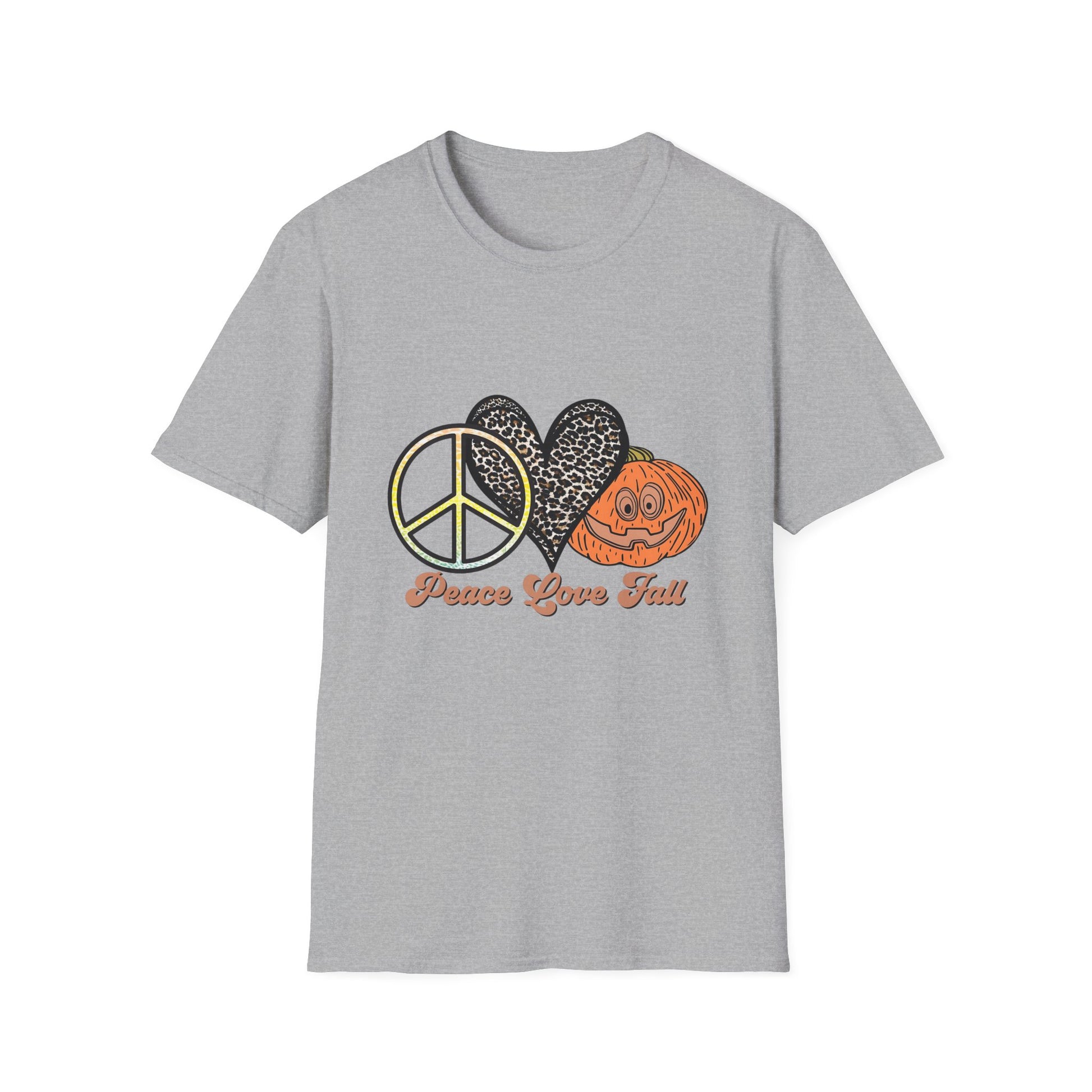 Fall Vibes Unisex T-Shirt - Peace Love Fall, Autumn Tee, Halloween Shirt, Cozy Casual Wear, Gift for Pumpkin Lovers Sport Grey Printify T-Shirt Rhythm & Drip Apparel
