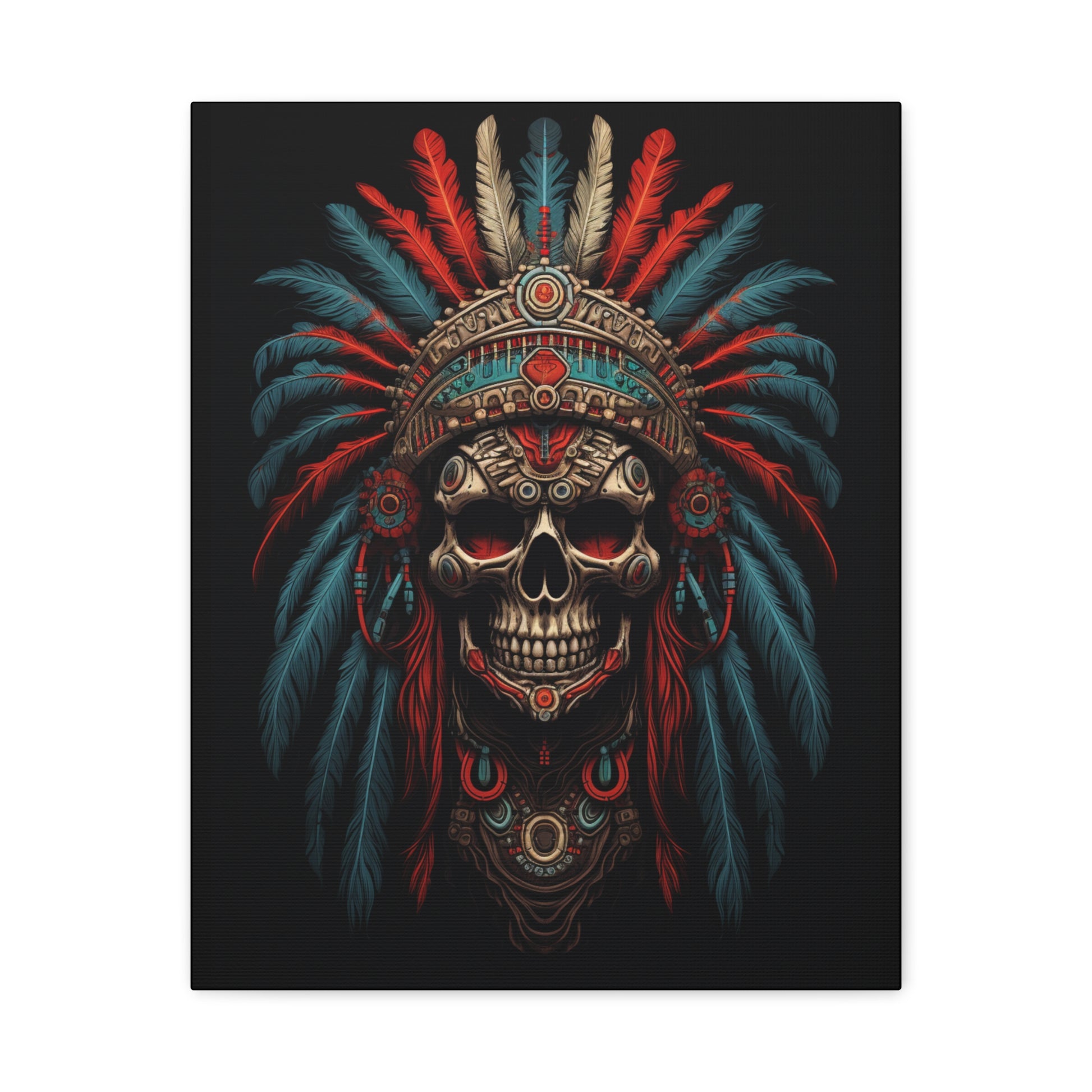 Skull- Bohemian Skull Warrior Canvas Art Print, Stretched Artwork for Home Decor, Tribal Wall Art, Unique Gift, Boho Aesthetic 16" x 20" (Vertical) 1.25" Rhythm & Drip Canvas Rhythm & Drip Apparel